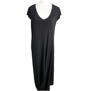 Sympli Black  Drapey‎  Short Sleeve Asymmetrical Hem Maxi Slinky Jersey Dress L